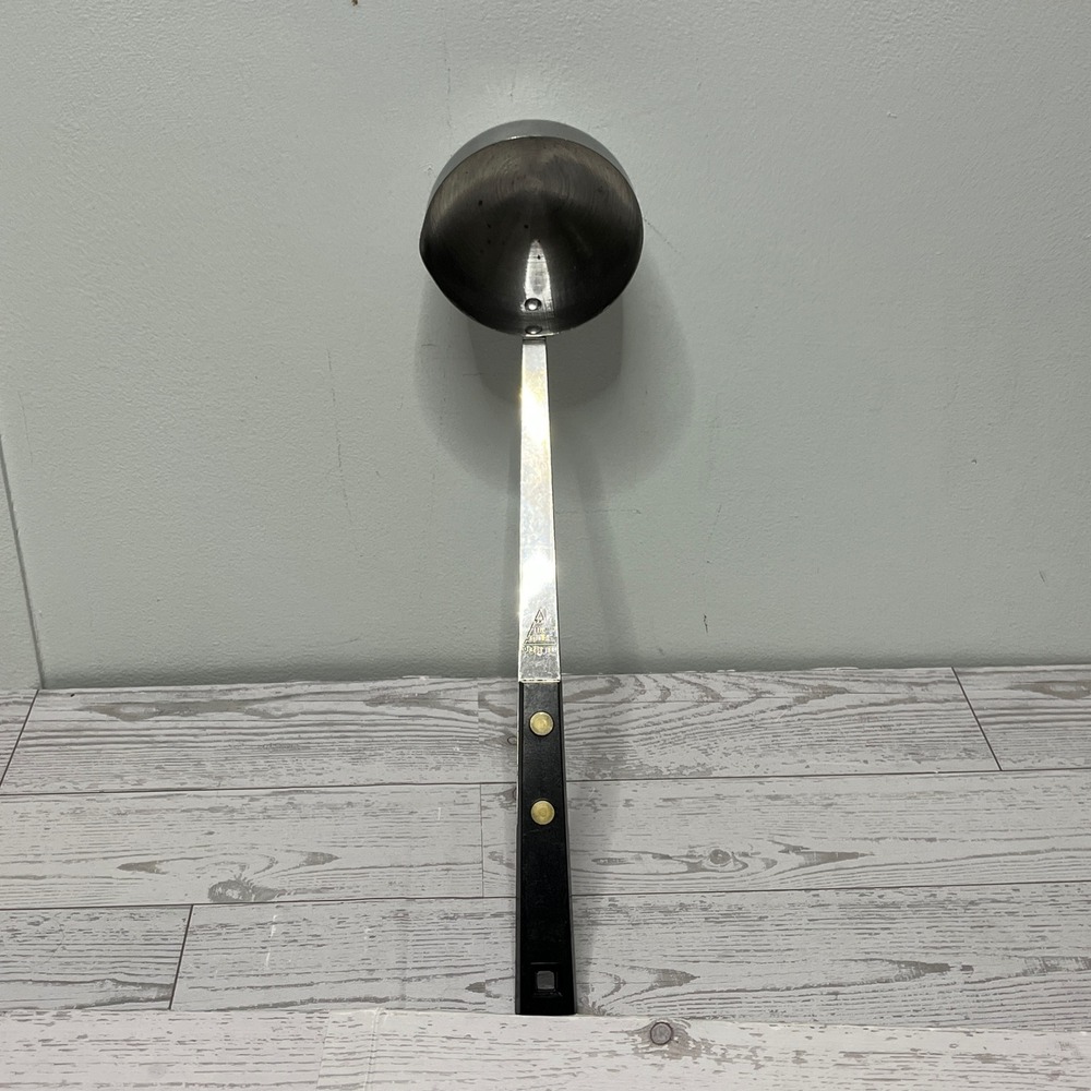 Vintage Household USA Stainless Steel Soup Ladle Black Handle Brass Rivets USA